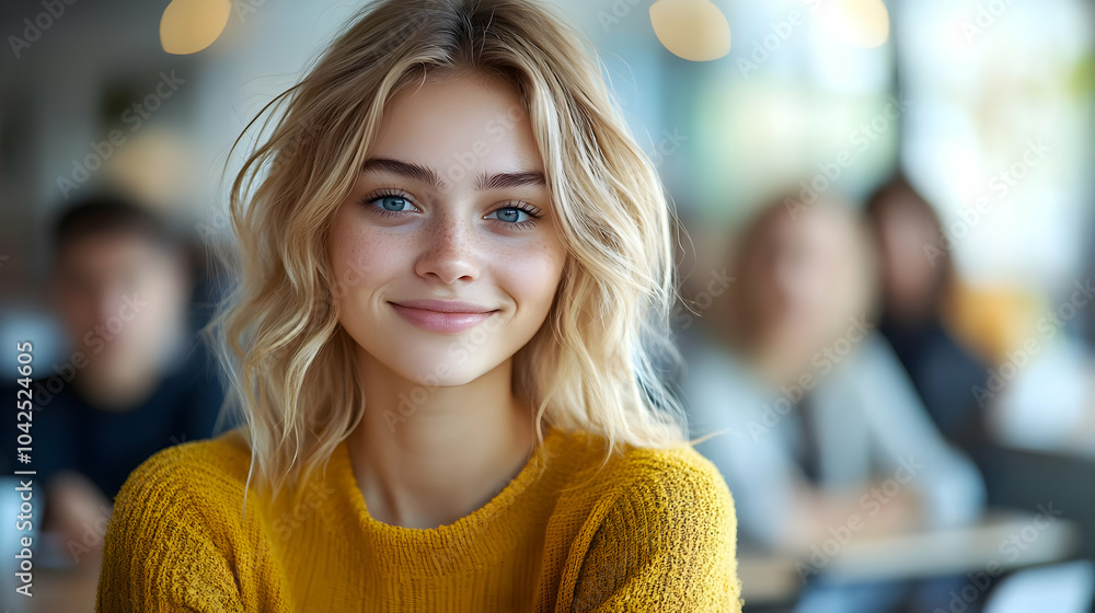 Poster A smiling young woman in a cozy setting with a warm sweater.