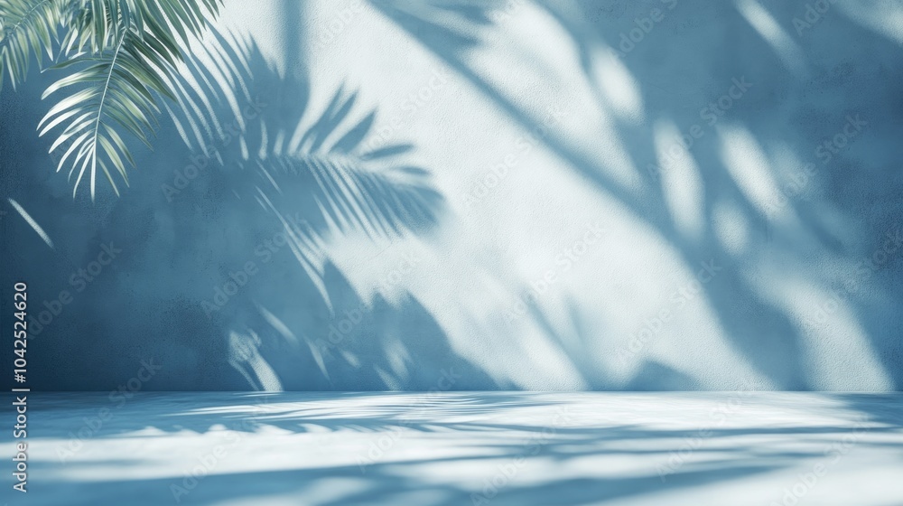 Aufkleber 3d rendering of an empty blue studio room featuring leaf shadows on a concrete wall and floor ideal 