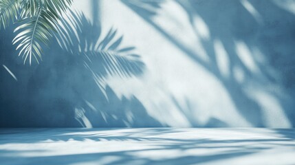 3D rendering of an empty blue studio room featuring leaf shadows on a concrete wall and floor ideal for product presentation Sunlight effects create a minimalistic summer backdrop for beauty and f