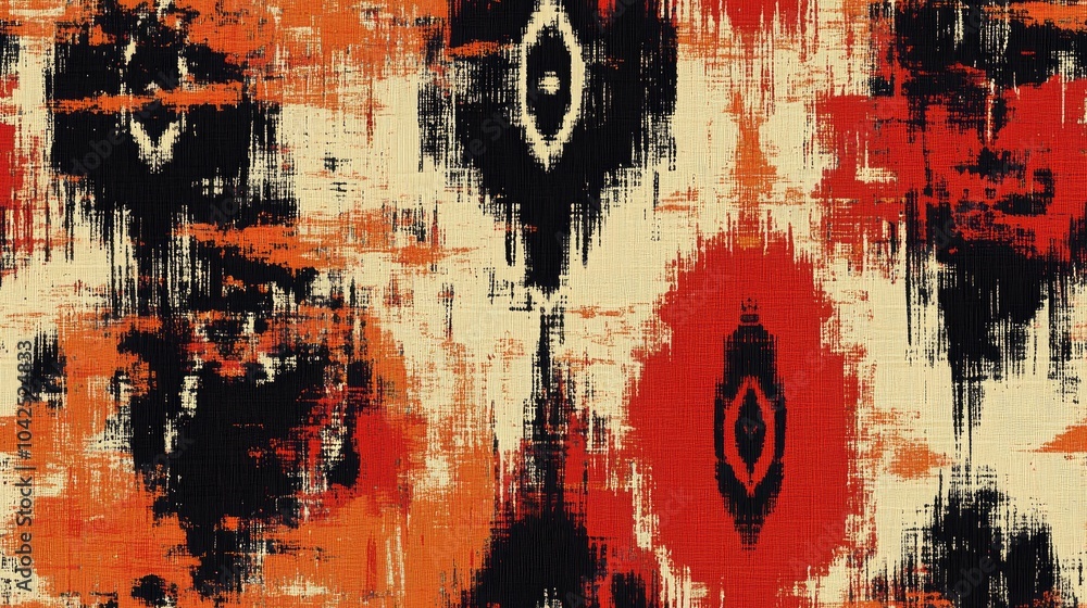 Poster ikat ogee and damascus ornament seamless background pattern in tapestry style abstract design for te