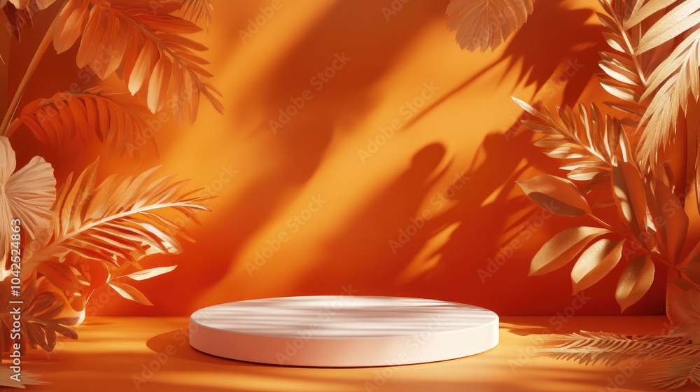 Aufkleber cosmetic display podium with shadowed leaves on an orange backdrop 3d rendering