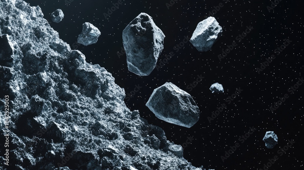 Poster isolated on a black background this high resolution 3d cartoon rendering features an asteroid field 