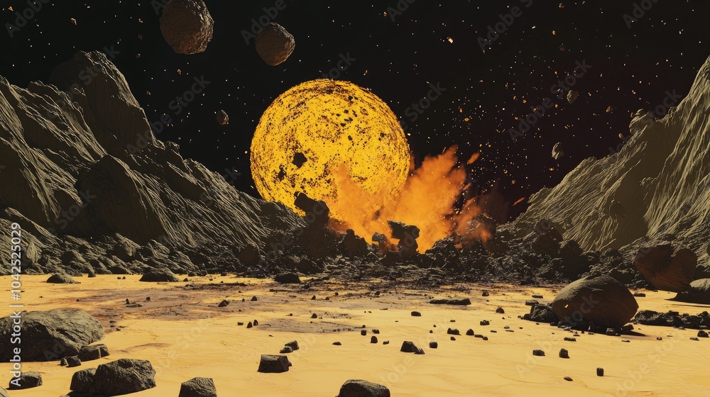 Poster science fiction visualization of a meteor crash on a planet in a 3d cartoon rendering
