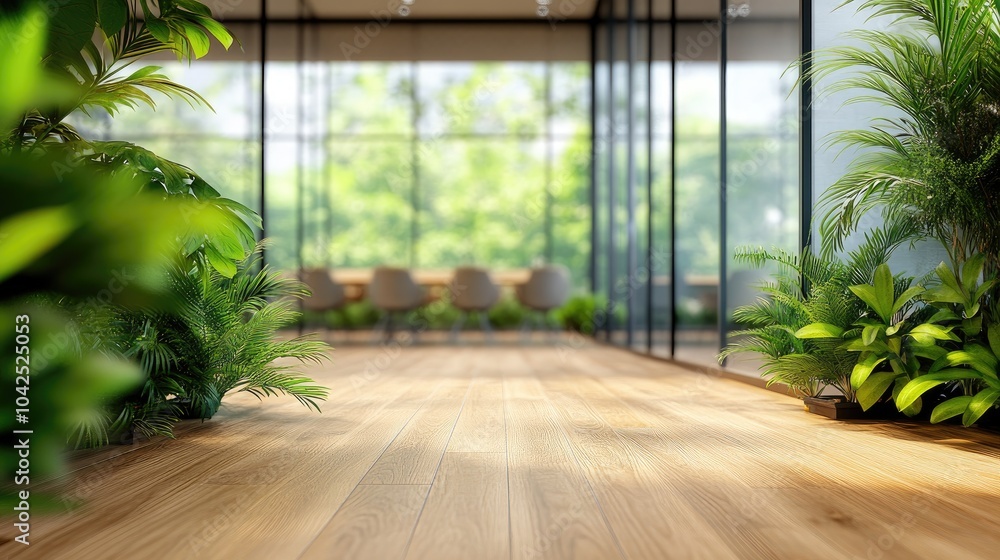 Poster 3d rendering of a minimalist open space office background featuring a blurred modern contemporary of