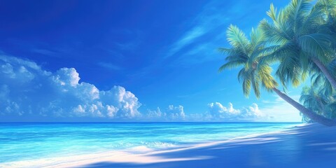 Obraz premium Tropical coastline with palm trees under a clear blue sky, capturing the essence of a summer getaway, Tropical beach scene with palm trees and a clear blue sky