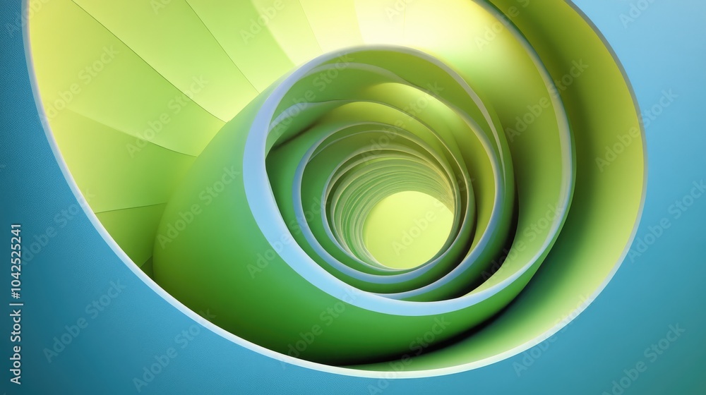 Poster light green spiral on a blue backdrop abstract design 3d rendered image from a top down perspective