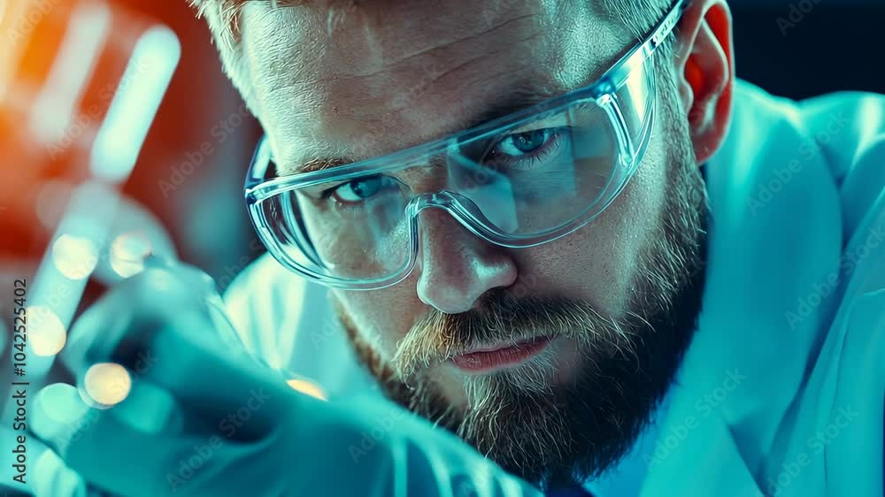Poster focused scientist examining a specimen with precision in a modern laboratory setting