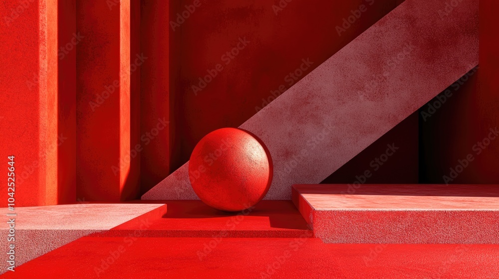Poster 3d render of a podium mockup for showcasing products featuring a red abstract geometric design in th