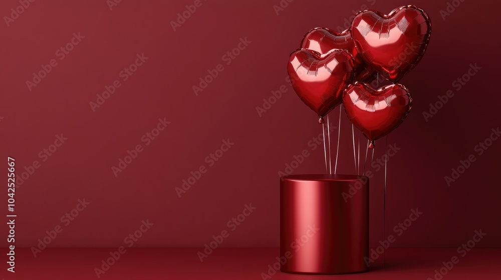 Poster red cylinder and heart shaped balloons on a red backdrop suitable for valentine s day featuring a pr