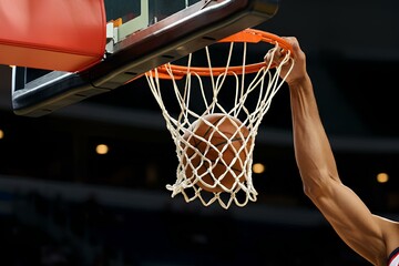 Fototapeta premium バスケットボール、ダンク｜Basketball, ball being dunked through basket, close up.
