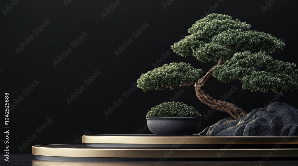 Poster japanese cosmetics backdrop featuring a 3d abstract podium and bonsai tree against a black backgroun