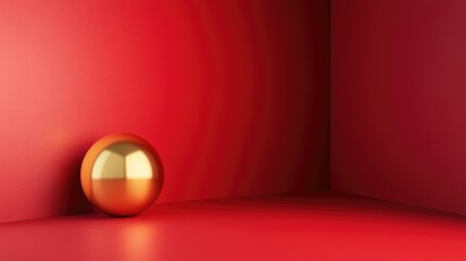Gold sphere in a red abstract scene with a wall and floor corner minimalistic design for holiday and New Year concept 3D rendering