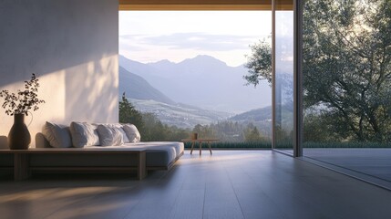 Minimalist living room design featuring a sofa on wooden flooring decorative elements on a spacious wall and a serene landscape visible through the window Nordic inspired 3D rendering