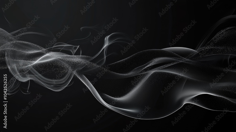 Poster abstract black background featuring a 3d cartoon rendering of sequined smoke with waves and fluid ov
