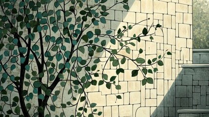 Fototapeta premium Ivy Climbing on a Brick Wall with Light Reflection