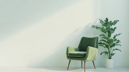 3D rendering of a green armchair with a plant against a white background