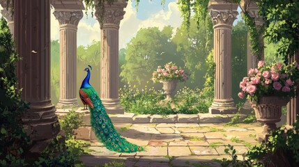 Illustration of classical ruins featuring a garden peacock and flower vase among columns ideal for wallpaper design