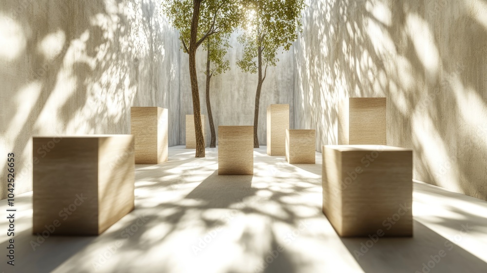 Poster 3d rendering of wooden cube blocks casting shadows reminiscent of trees in an interior setting