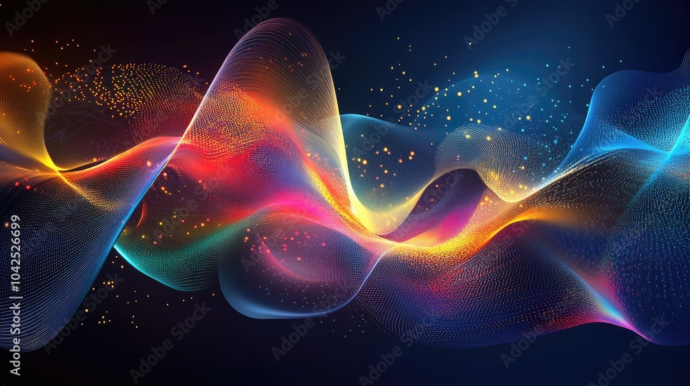 Poster abstract design showcasing particle trails and light elements in a three dimensional space emphasizi