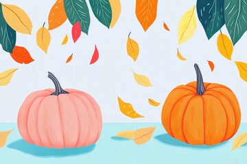 Naklejka premium Illustration of a festive autumn banner featuring yellow leaves and pumpkins on textured fabric perfect for seasonal celebrations and promotions