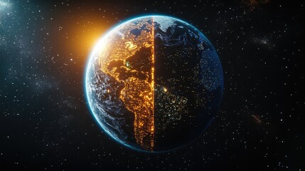 Obraz premium A stunning 3D cartoon rendering showcases a detailed perspective of Planet Earth from space highlighting one half illuminated by sunlight while the other glows with city lights