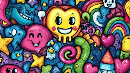 A colorful doodle pattern with happy faces, stars, hearts, rainbows, and other whimsical shapes.