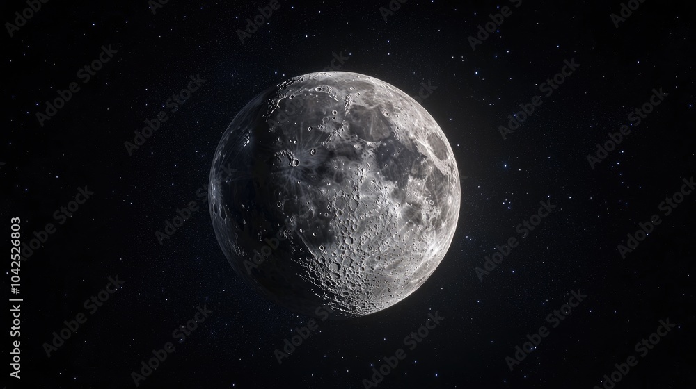 Poster 3d cartoon rendering of a full moon with visible craters against a black isolated background depicti