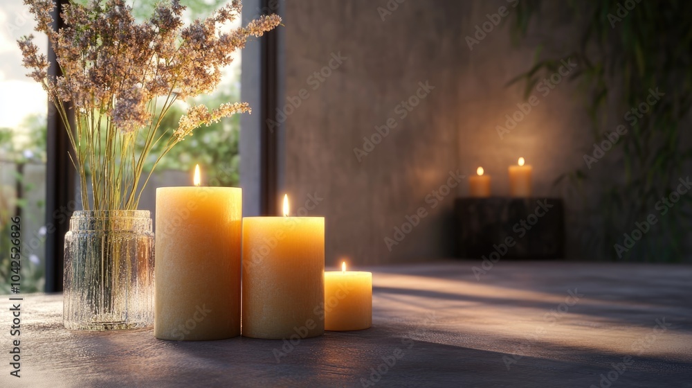 Aufkleber 3d rendering of illuminated candles in an interior setting
