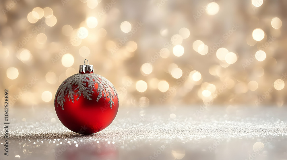 Poster A festive red Christmas ornament on a sparkling surface with lights.