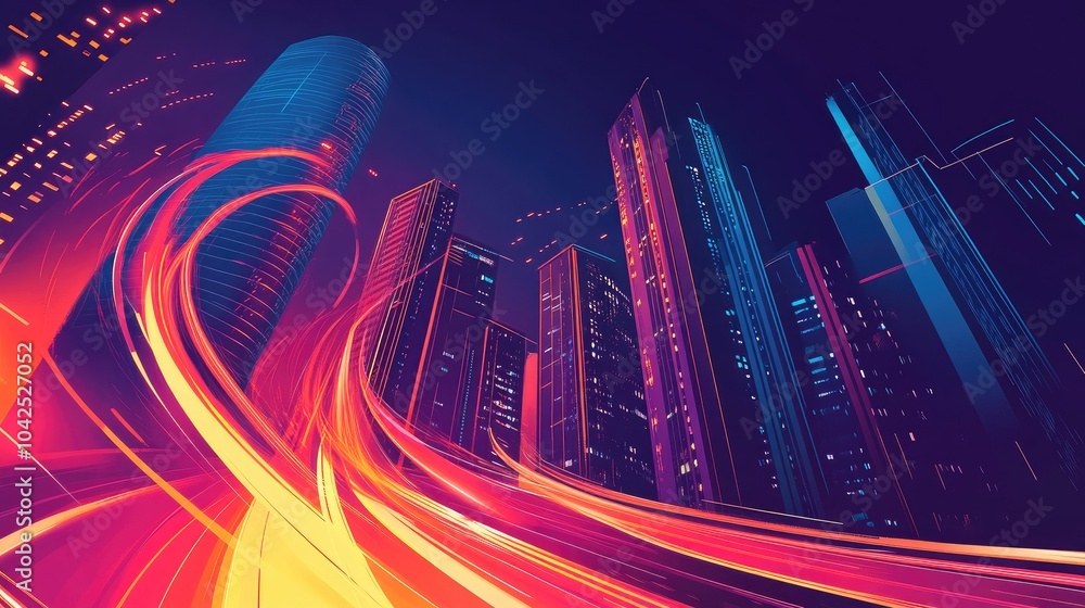 Aufkleber panoramic abstract night scene of futuristic high speed data light trails with blurred skyscraper ba