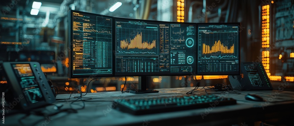 Aufkleber A Triple Monitor Workstation with Data and Charts Displayed on a Dark Desk