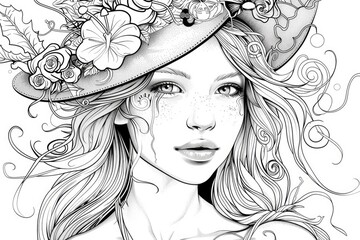 Fototapeta premium Coloring book illustration of a young woman with imaginative features Halloween theme