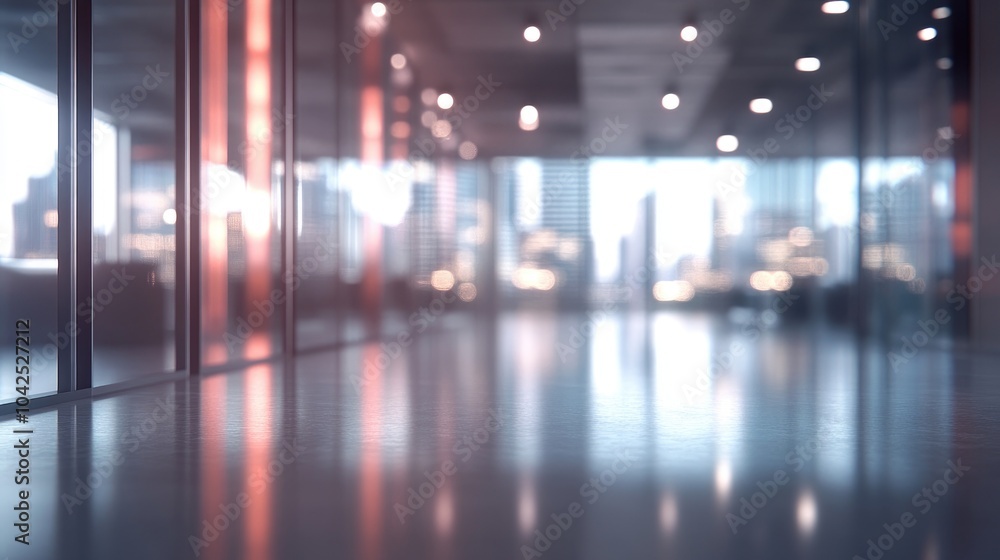 Poster 3d rendering of a blurred empty office space with abstract light bokeh in the interior background