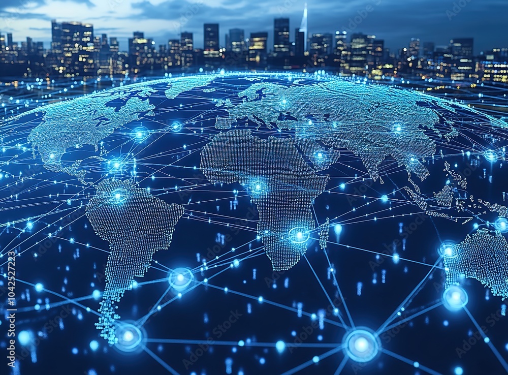 Poster global network concept with glowing lines connecting cities.