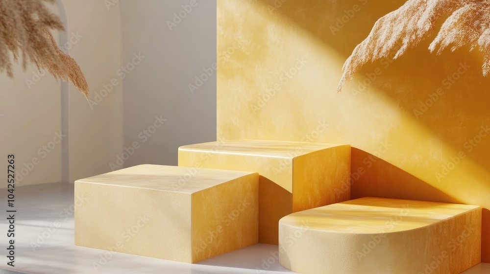 Aufkleber three yellow square podiums set against a hipster abstract background featuring a color composition 