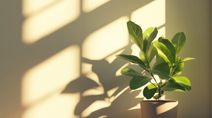 3D rendering of a close up view of a ficus lyrata bambino in a pot showcasing sunlight shadows on the wall representing a house plant care concept in a minimal home decor composition