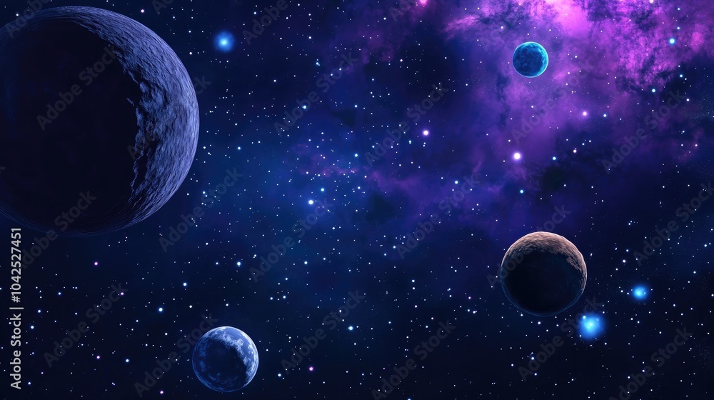 Poster 3d cartoon rendering of nebulae in space with planets