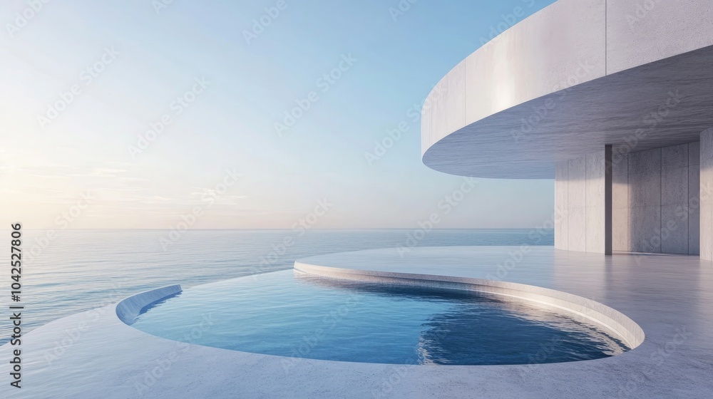 Poster 3d rendering of an empty round concrete podium floor and a pool with water featuring an abstract int