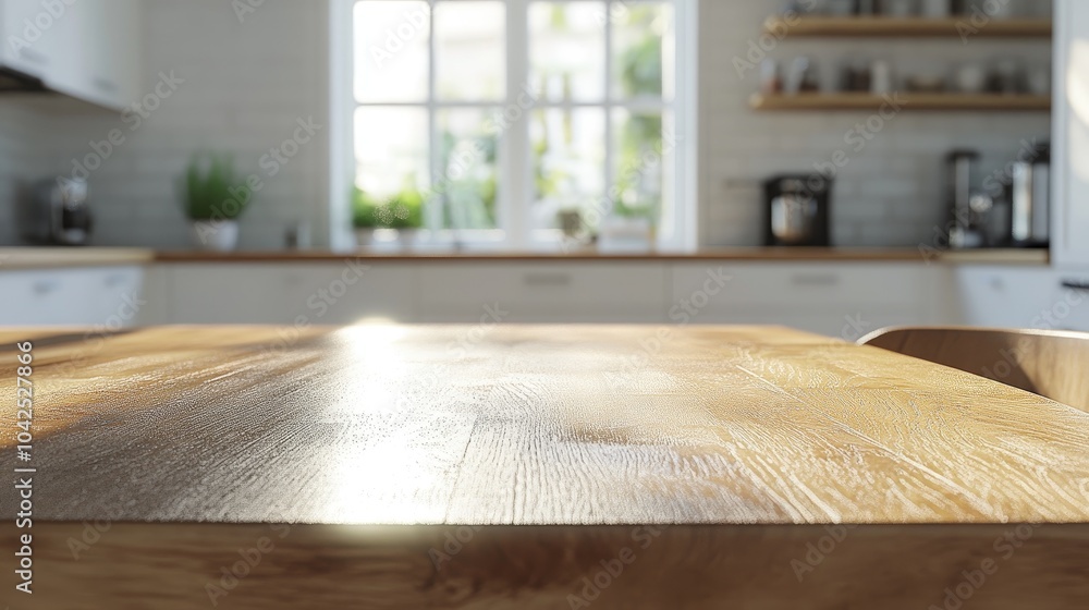 Poster 3d rendering of a close up view of a wooden dining table in a contemporary scandinavian kitchen with