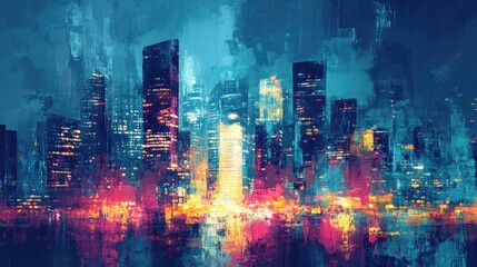 Fototapeta premium Fantasy City At Night Acrylic Painting With Brush Strokes Art Concept And Visual Arts Study Great For Wallpaper And Artwork Ai Generated Image Imitation