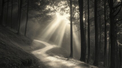 A winding path through a misty forest with sunbeams shining through the trees