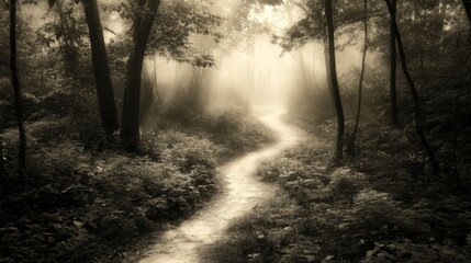Fototapeta premium A winding path through a misty forest, illuminated by a faint light.