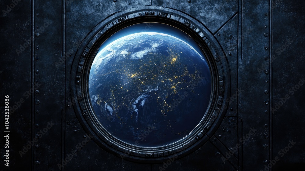 Poster earth planet viewed through a spaceship window porthole in a 3d cartoon rendering