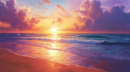 Fototapeta premium Oil painting depicting a seashore scene with a low tide and a vibrant sunset sky in the background showcasing the tranquil beauty of the ocean