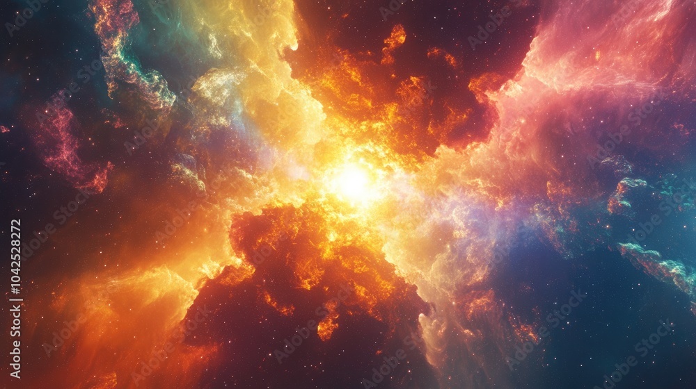 Poster abstract multicolor supernova fractal light background in a 3d cartoon rendering