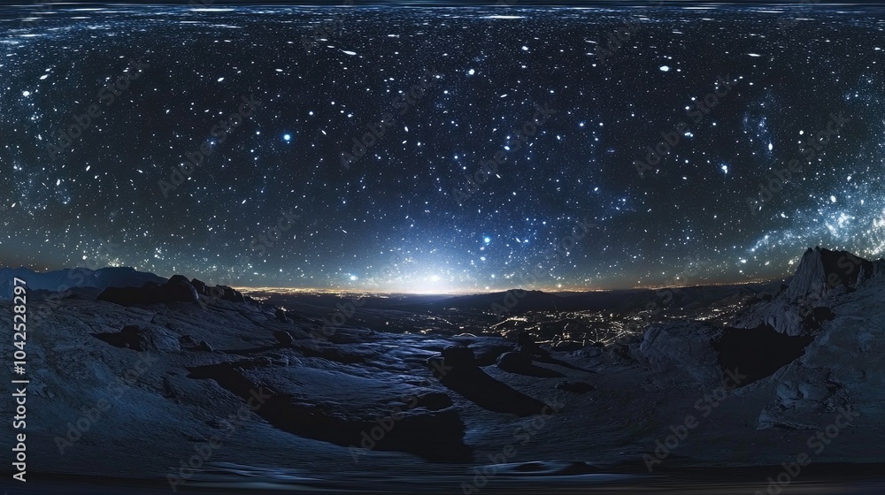 Poster 3d illustration featuring a panoramic star field in a 360deg hdri map rendered in an equirectangular