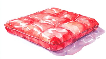 Red watercolor illustration of a water mattress on a white background