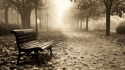A Solitary Bench in a Foggy, Leaf-Strewn Path