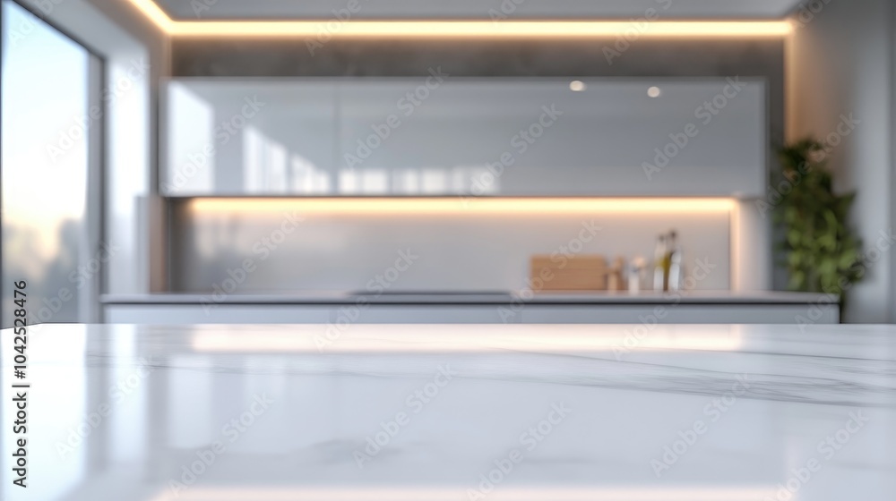 Poster 3d rendering of an empty copy space on a luxurious white kitchen countertop featuring a blurred back
