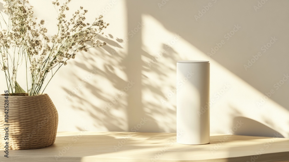 Poster white cylindrical product display in a neutral room studio setup for minimalistic product presentati